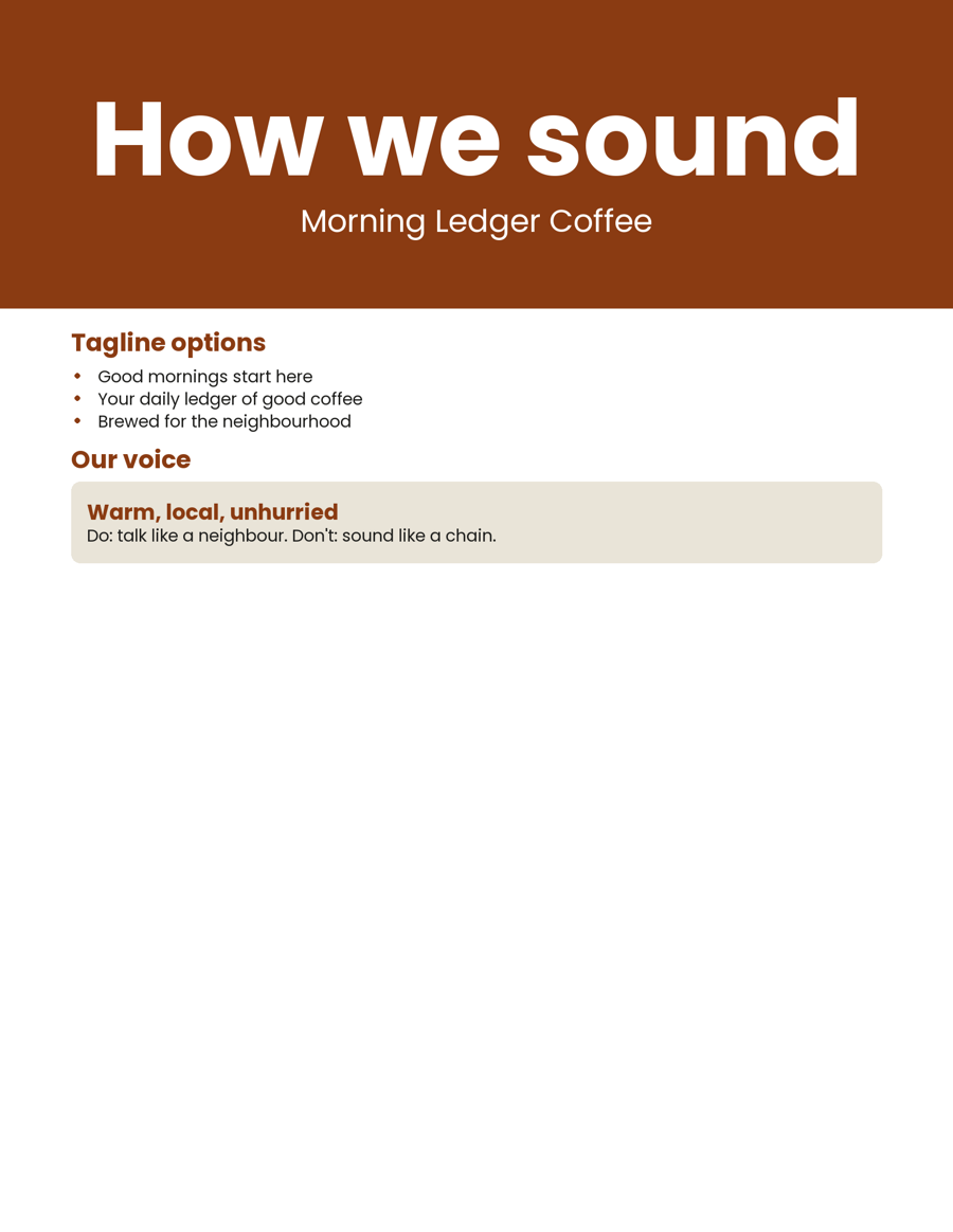 Sample tagline & brand voice pack made for a made-up business