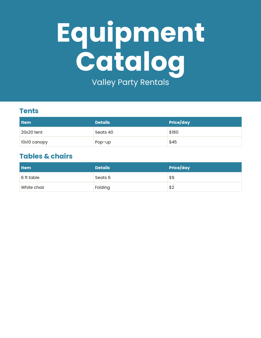 Sample product / service catalog made for a made-up business