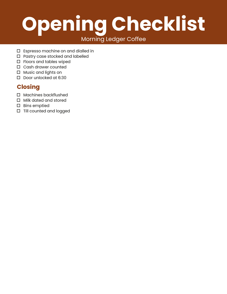 Sample checklists & sop manual made for a made-up business