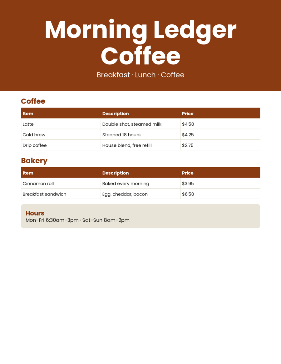 Sample menu made for a made-up business