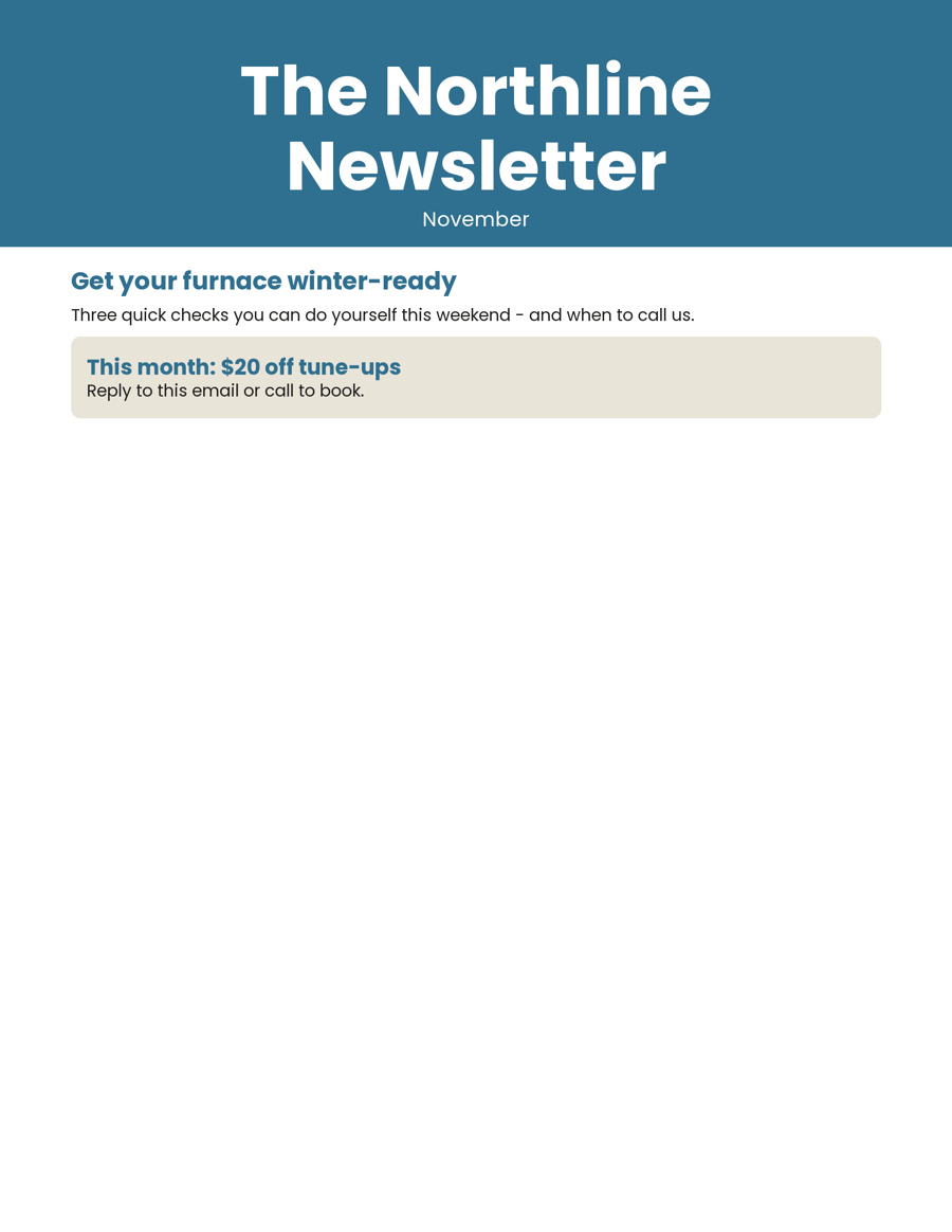Sample email newsletter template made for a made-up business