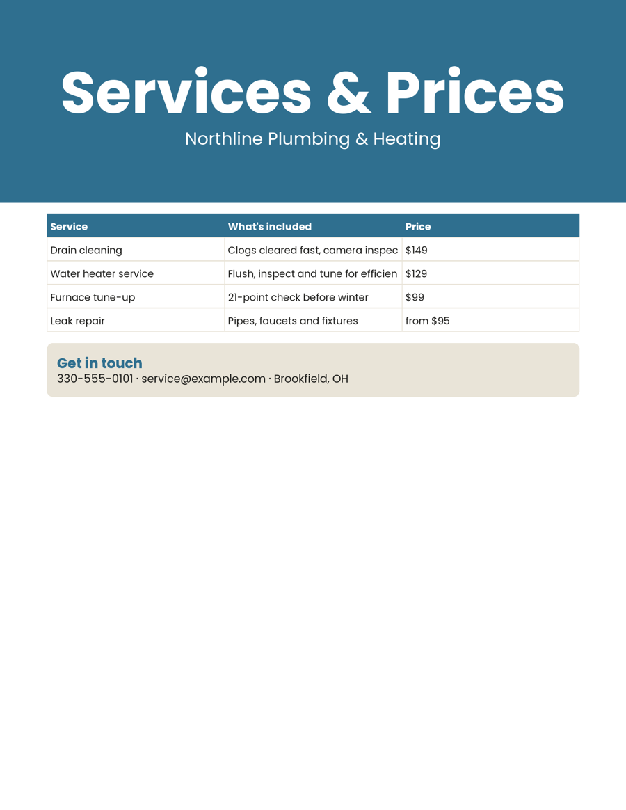 Sample service & price list made for a made-up business