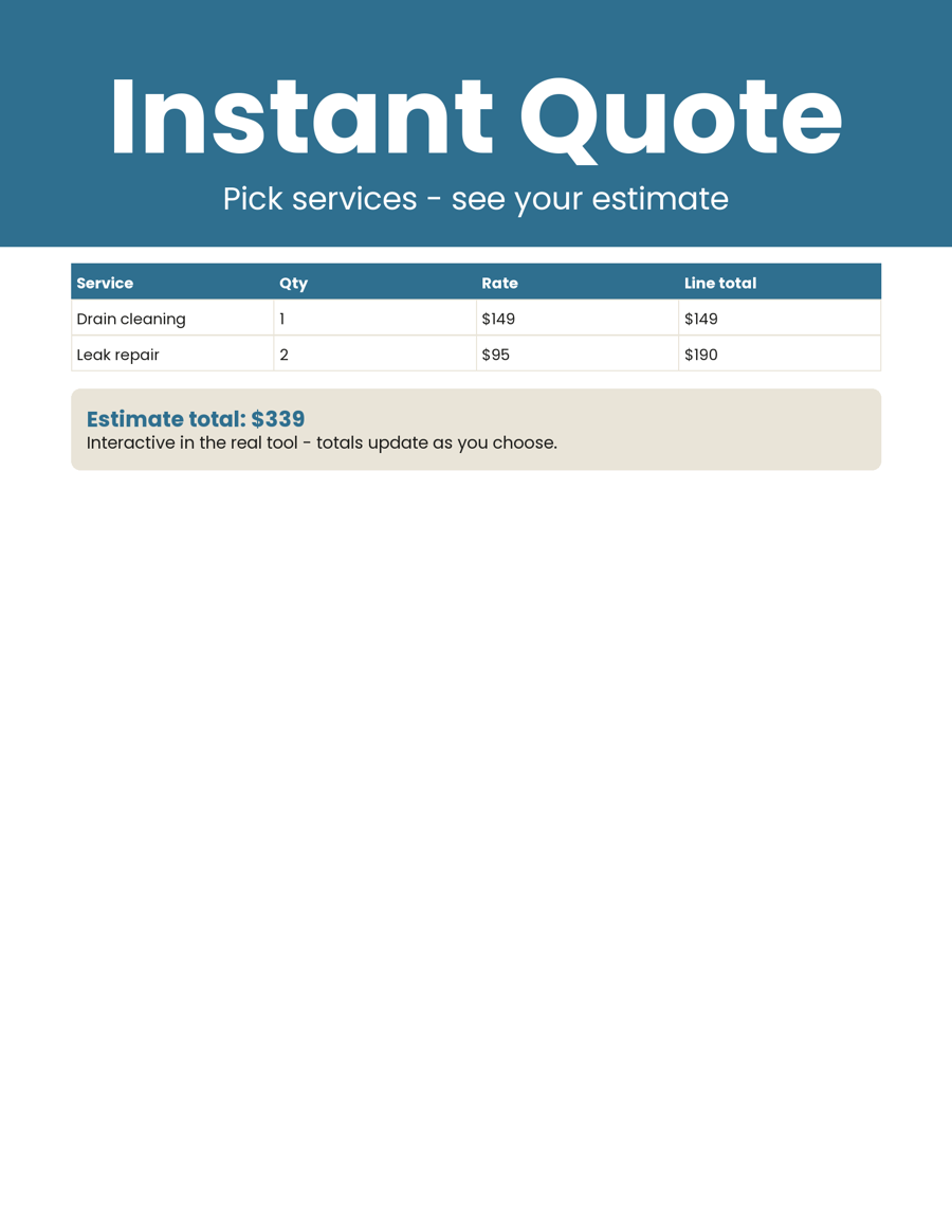 Sample price / quote calculator made for a made-up business