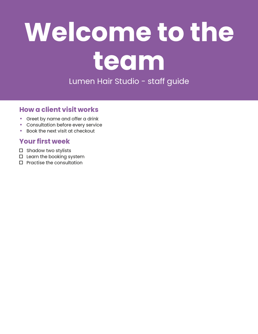 Sample staff training guide made for a made-up business